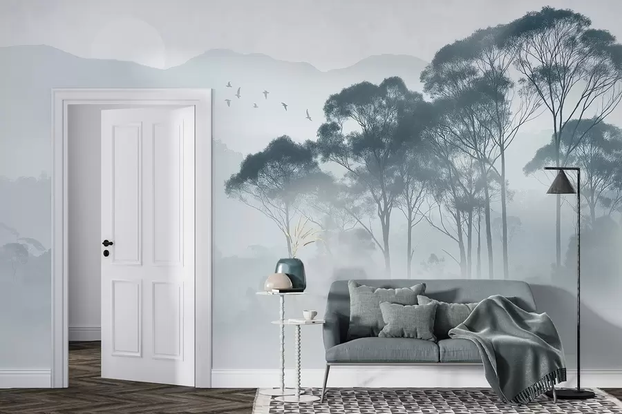 Fototapet Stromy v mlze, přírodní krajiny, ptáci, slunce, modré barvy w02740v1