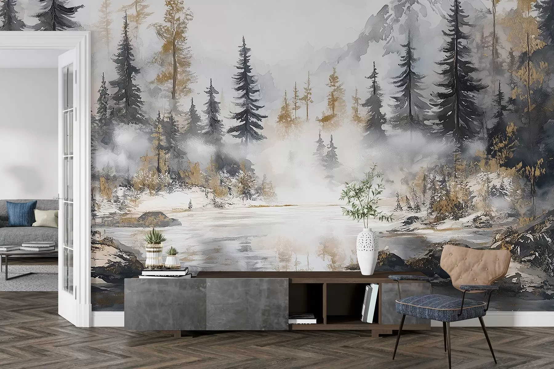 Fototapet Zimní krajina s jezerem a lesem, hory, pastelový styl darwing w02741