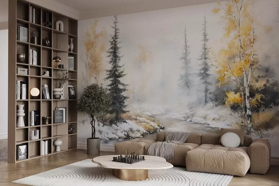 Fototapet Zimní les, břízy, borovice, řeka, mlha, pastelové barvy w02742