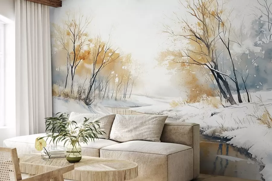 Fototapet Zimní říční krajina s lesem, kresba ve stylu akvarelu w02743