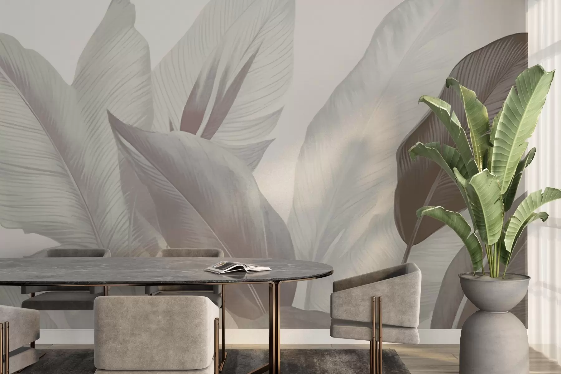 Fototapet Tropické listy v tlumených šedých a hnědých tónech, zdůrazňující texturu a jemné přechody mezi světlem a stínem w02854v1