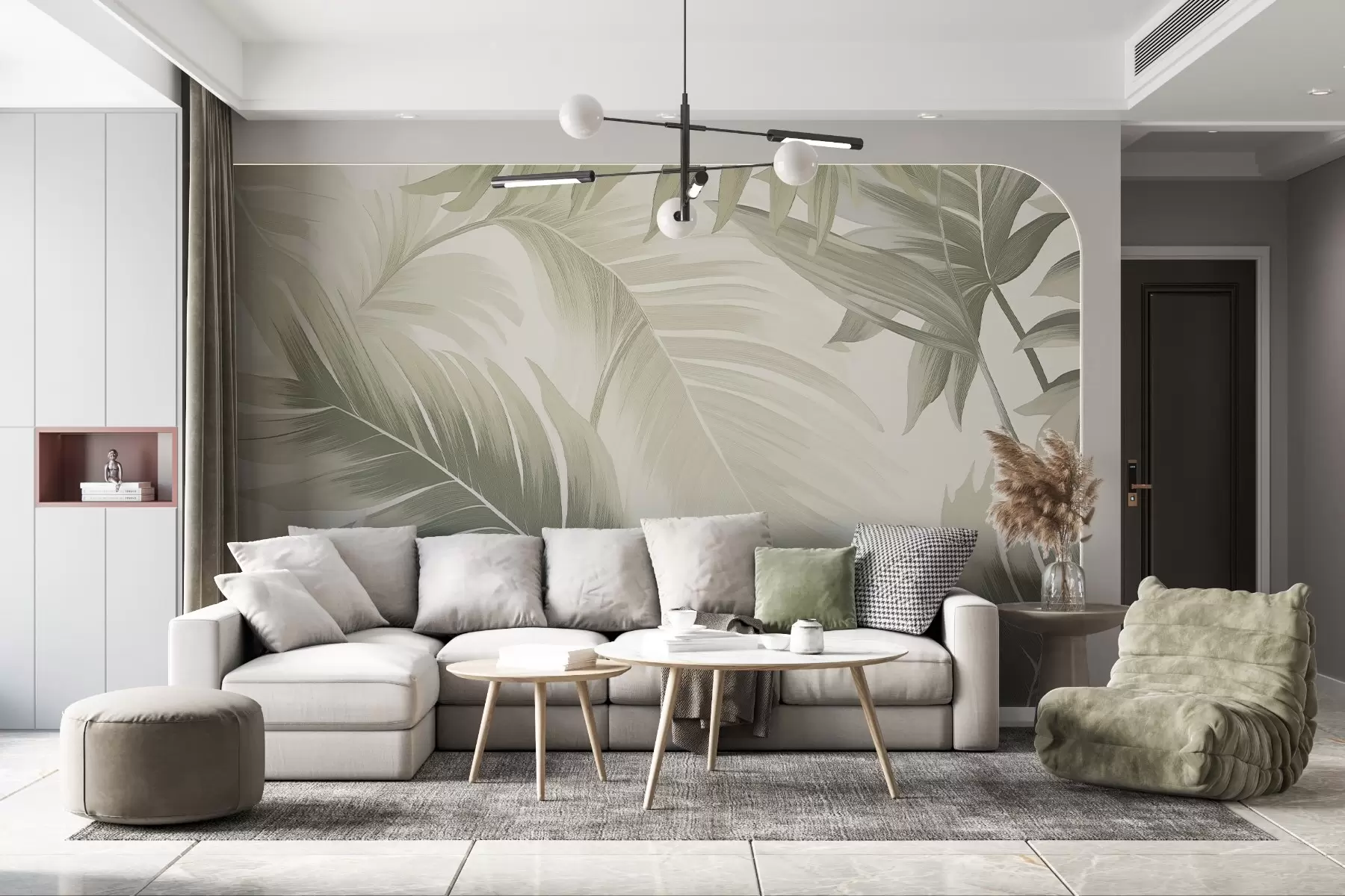 Fototapet Vzor velkých tropických listů v jemných zelených a béžových odstínech, s hladkými přechody a jemnými detaily textury w02858