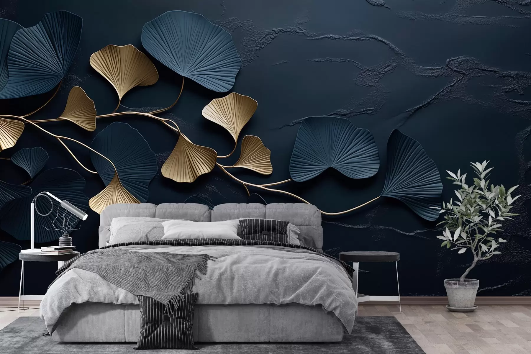 Fototapet Objemová větev s listy na betonové zdi w02841