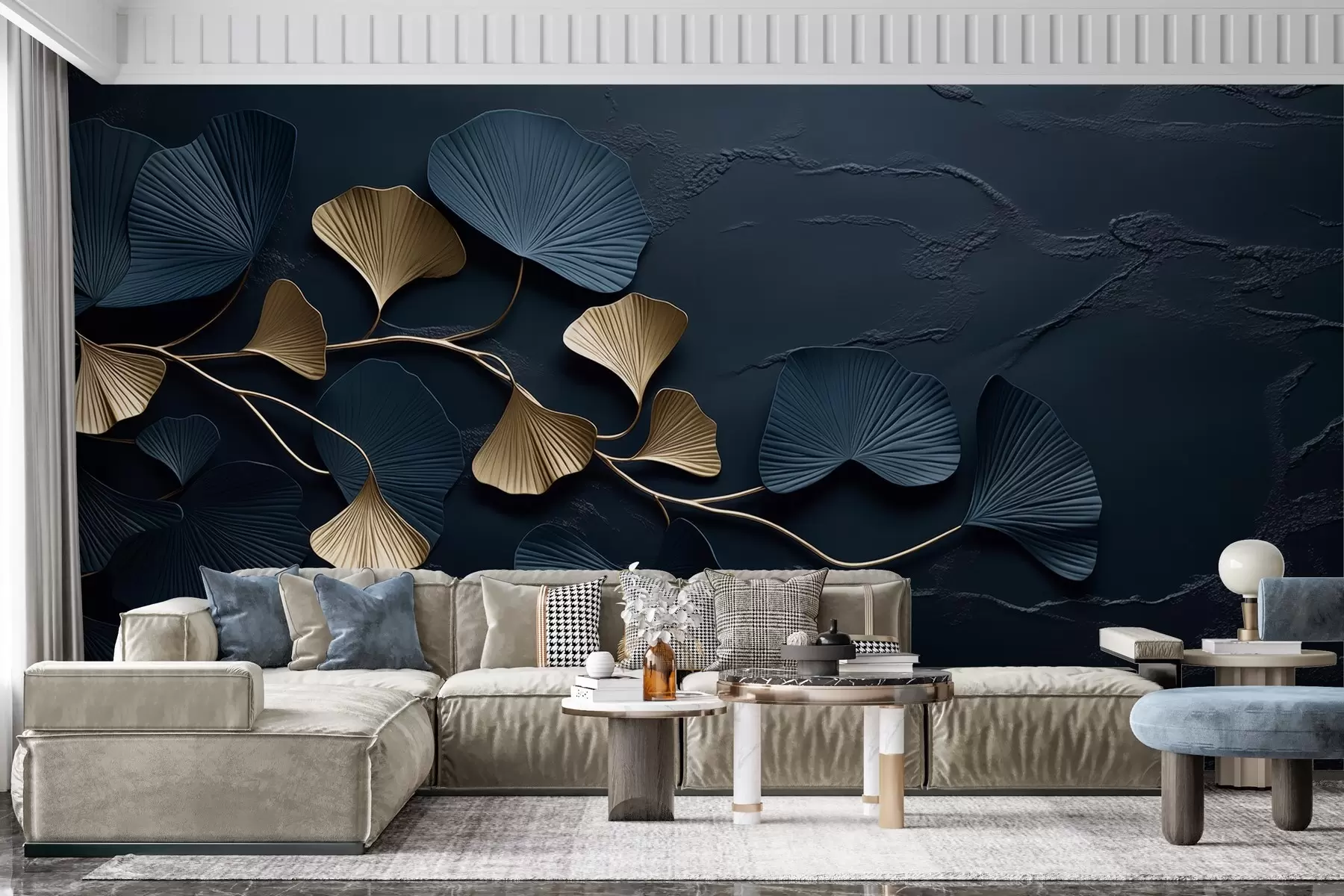 Fototapet Objemová větev s listy na betonové zdi w02841