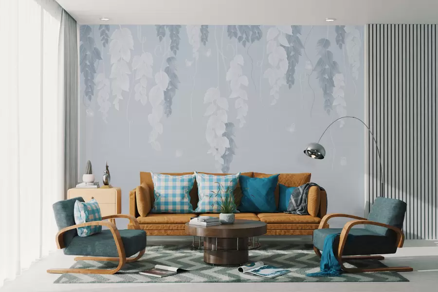 Fototapet Závěsné listy a motýli v modré barvě w02655v1