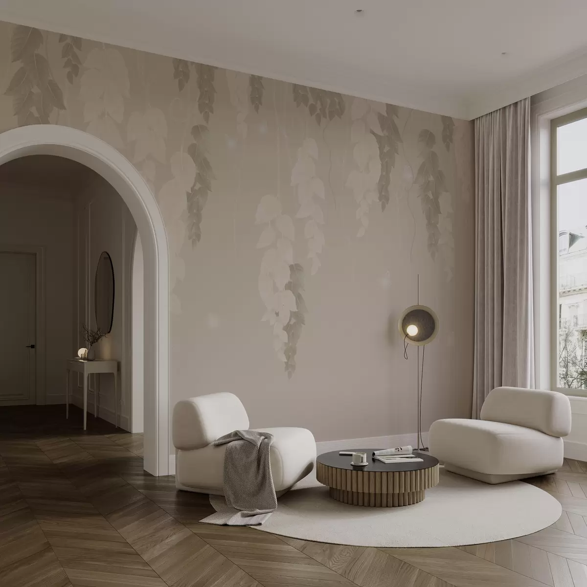 Fototapet Závěsné listy a motýli v béžové barvě w02655v2