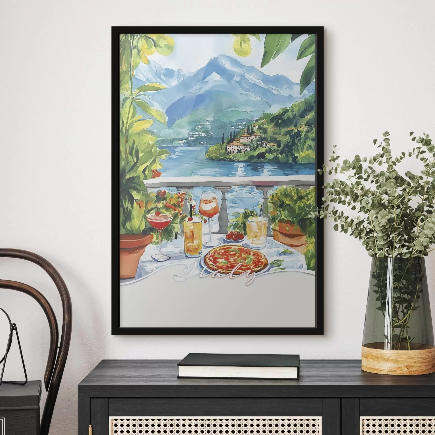 Fototapet Estetika Itálie, akvarelový styl, pizza a koktejly, hory f42434