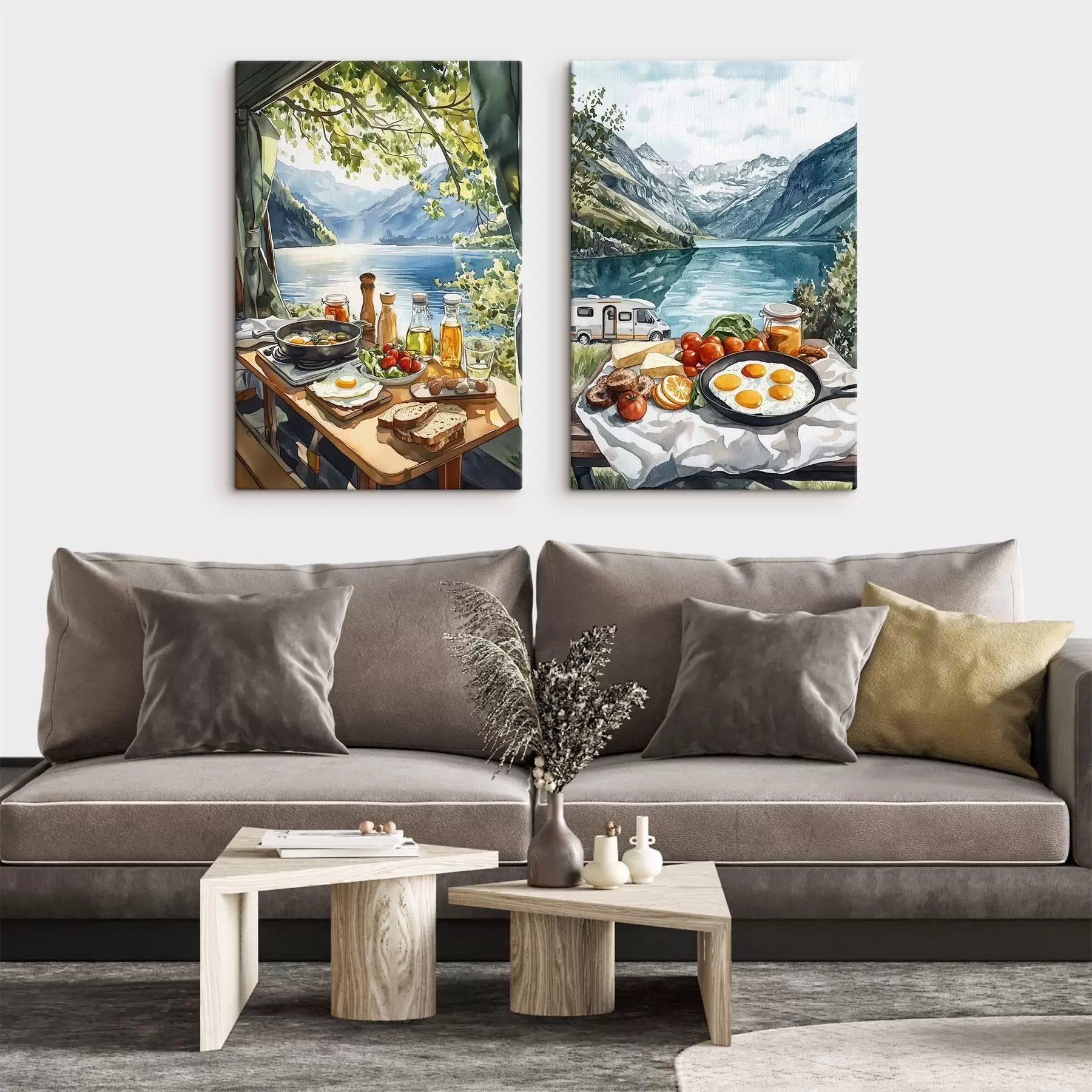 Obraz Kempování, estetická snídaně u jezera, akvarelový styl Č. m00405