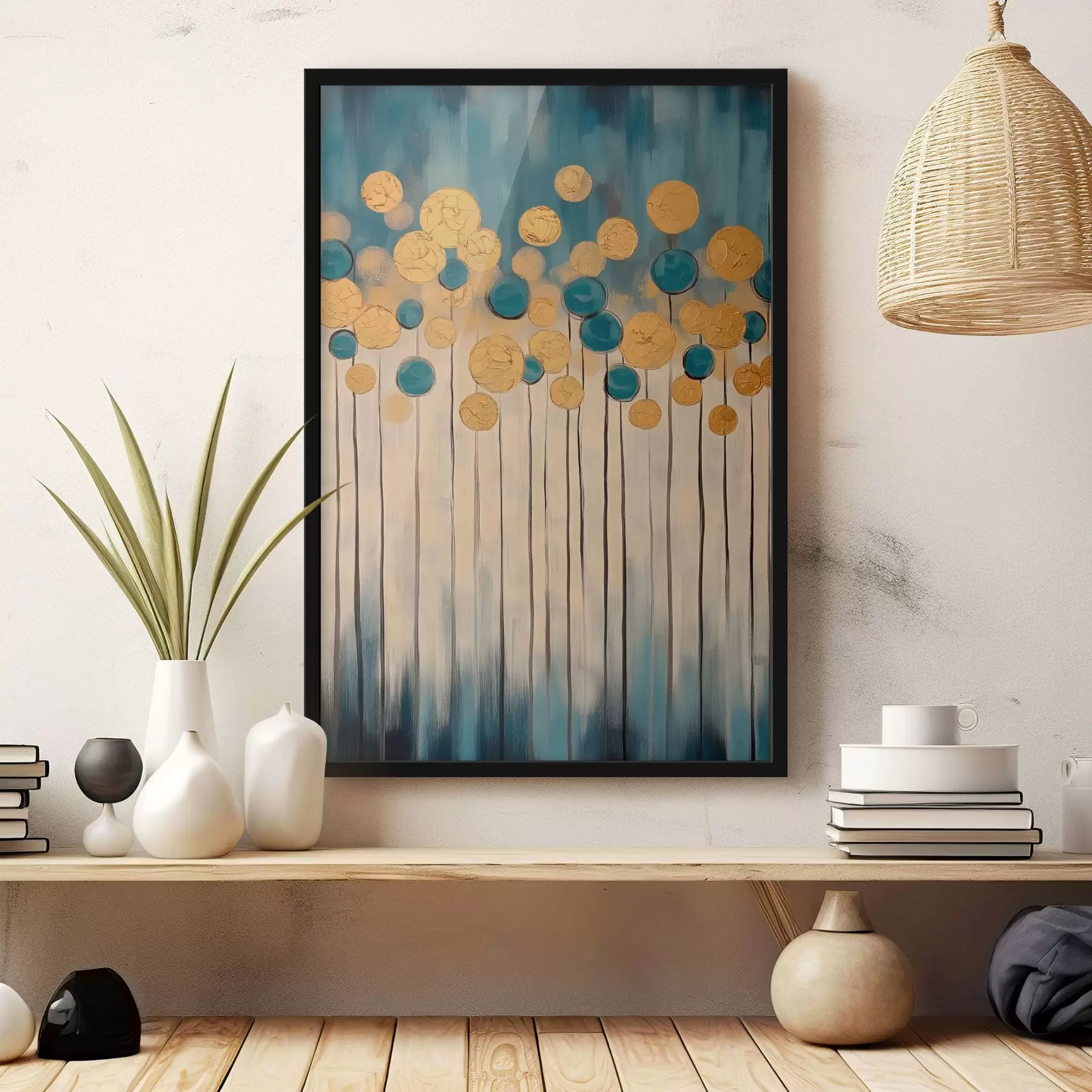 Fototapet Dekorativní abstrakce s kulatými prvky na modrém a béžovém pozadí f42476