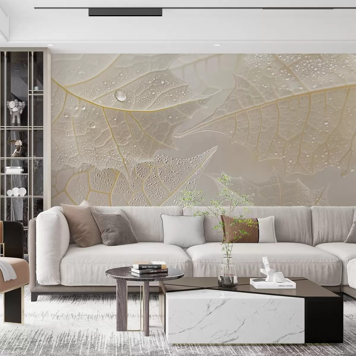 Fototapet Detailní záběr listů s žilkami a kapkami rosy v béžových tónech w02872