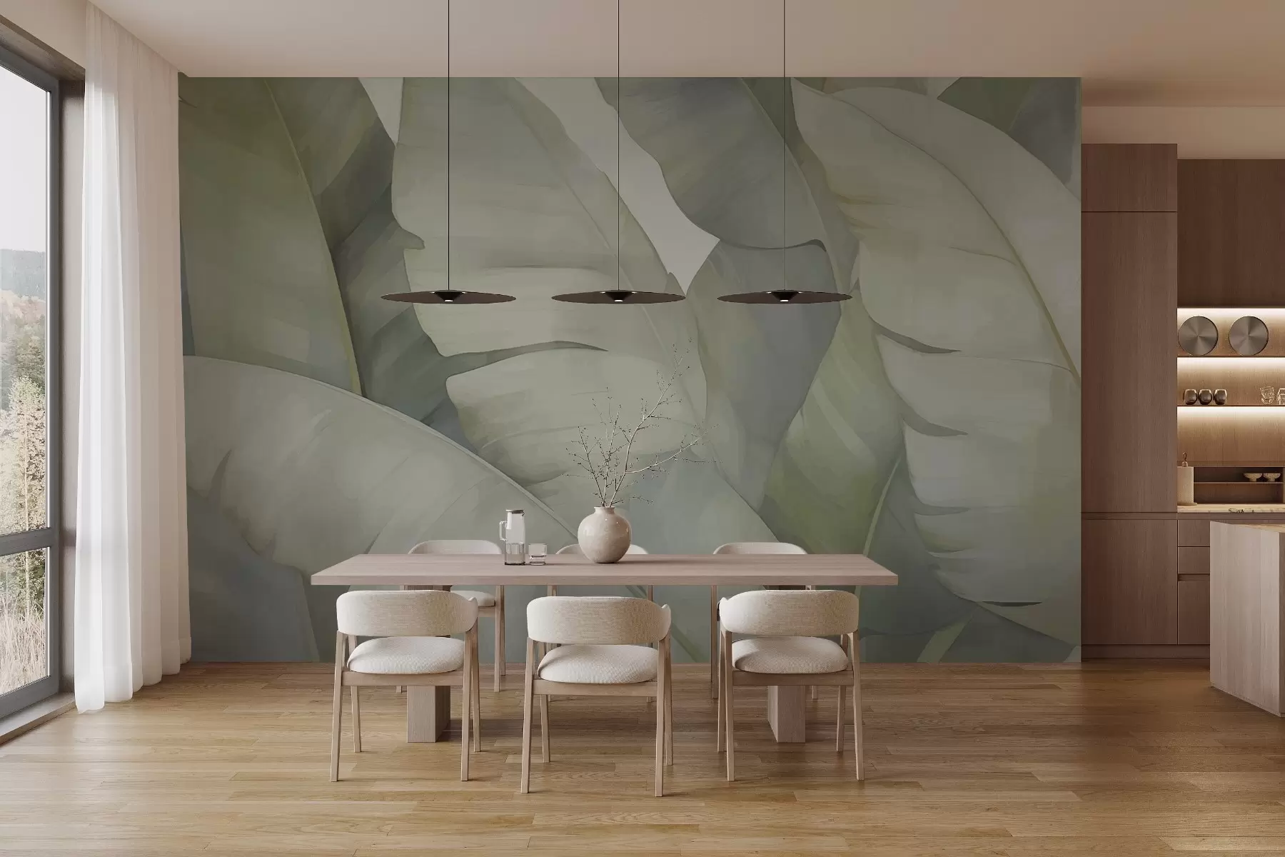 Fototapet Banánové listy v pastelové barvě se zeleným lemováním w02778v2