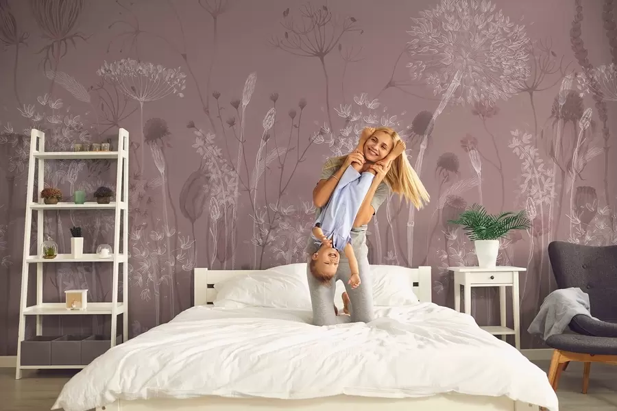 Fototapet Vzdušné pampelišky a polní květiny v akvarelovém stylu v růžových tónech w08637v1