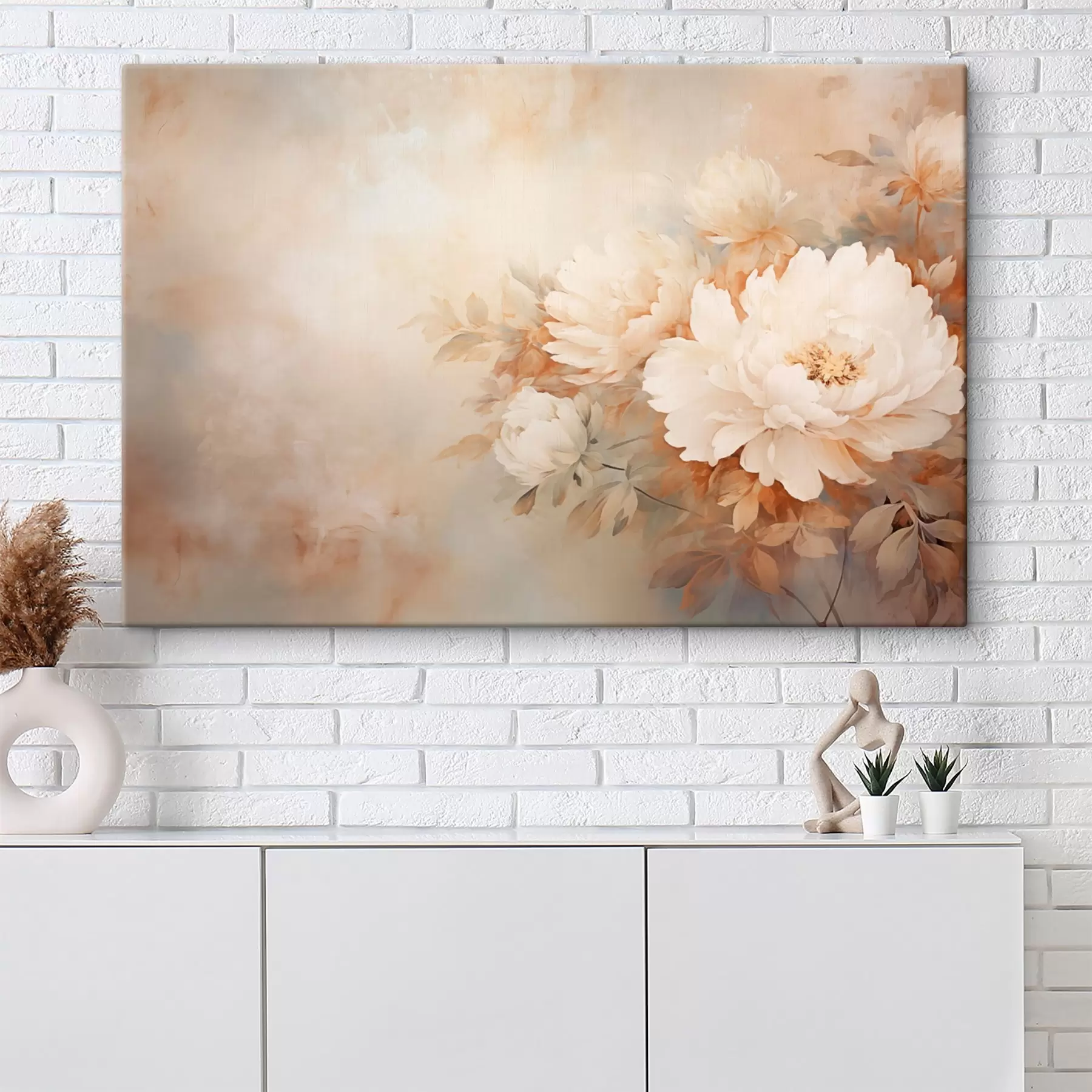 Obraz Jemné pivoňky v pastelových krémových tónech na rozmazaném pozadí vytvářejí jemnou a romantickou náladu. Č. s42558