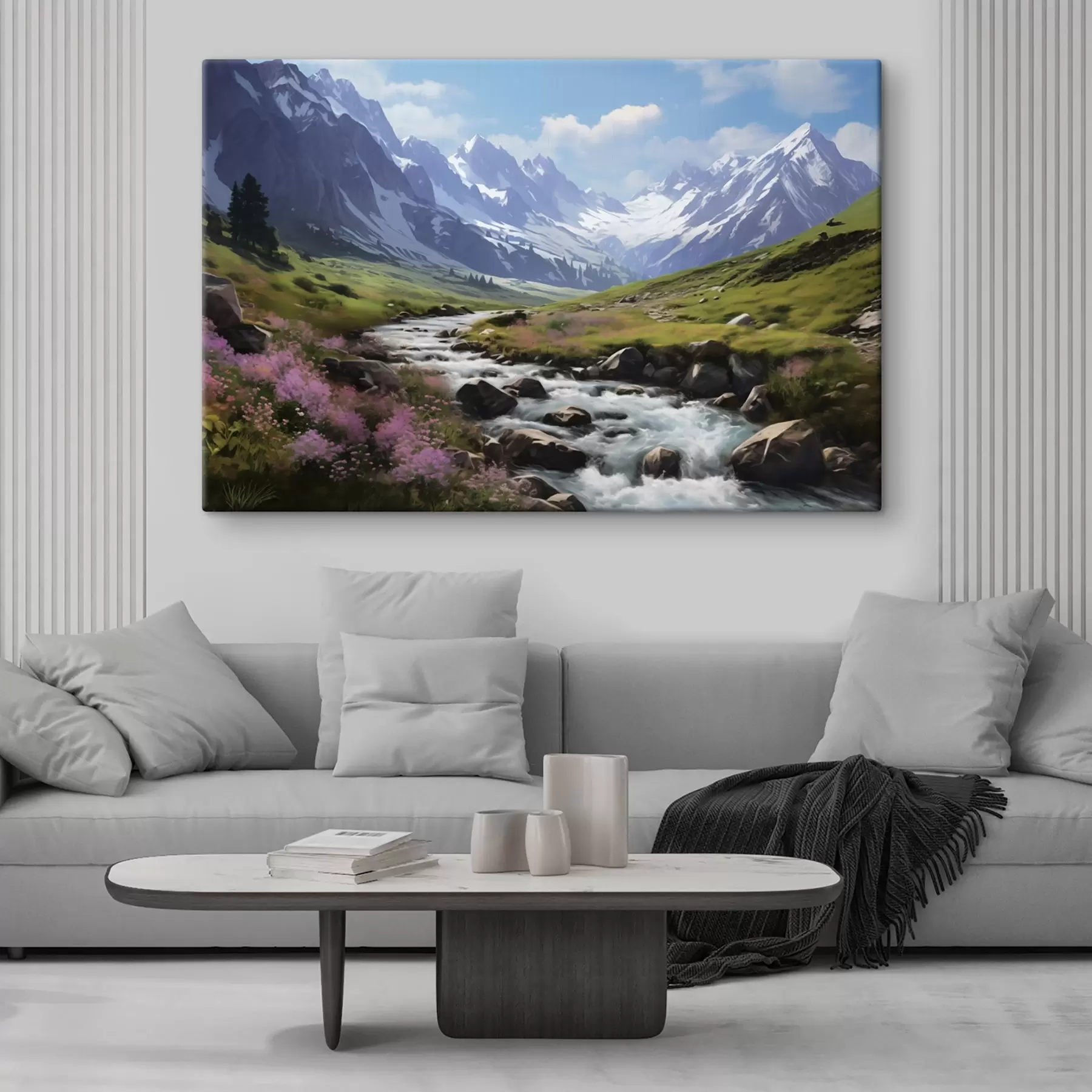 Obraz Horská krajina se zurčícím potokem, rozkvetlými loukami a zasněženými vrcholky na obzoru pod jasně modrou oblohou Č. s42563