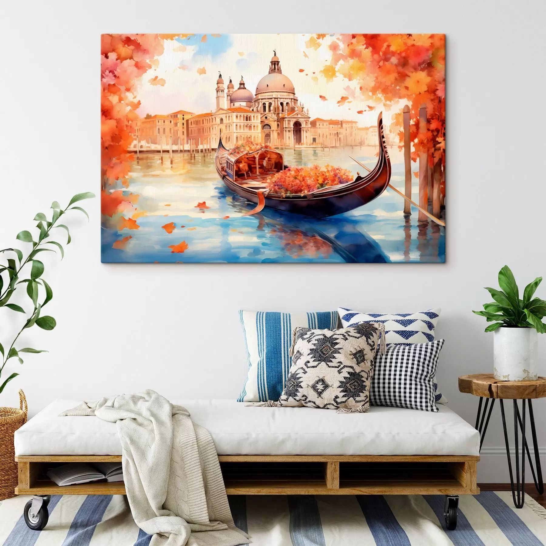 Obraz Podzimní pohled na Benátky s gondolou obklopenou zářivě oranžovým a červeným listím a s odrazy budov v klidné vodě kanálu Č. s42576