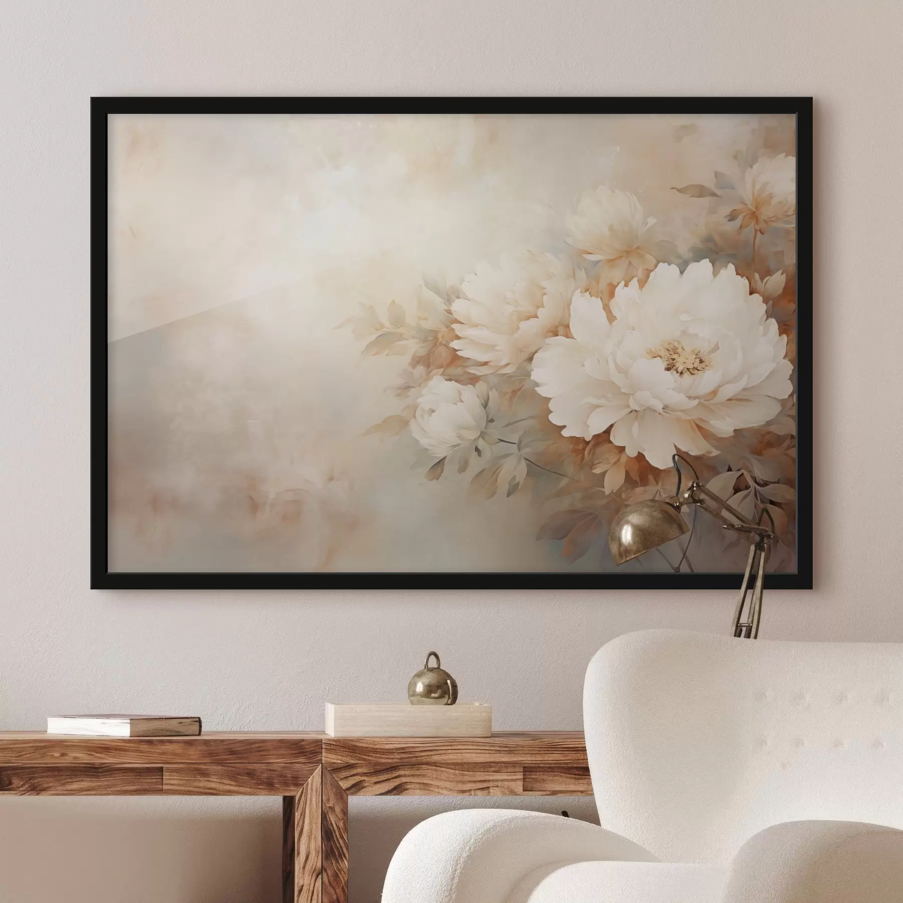 Fototapet Jemné pivoňky v pastelových krémových tónech na rozmazaném pozadí vytvářejí jemnou a romantickou náladu. f42558