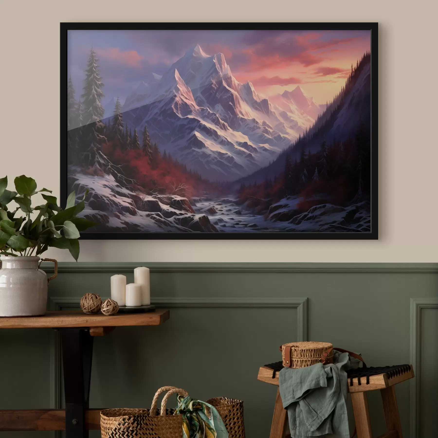 Fototapet Úchvatná horská krajina při západu slunce se zasněženými vrcholky, tmavými borovicemi a jemnými růžovofialovými odstíny na obloze. f42566