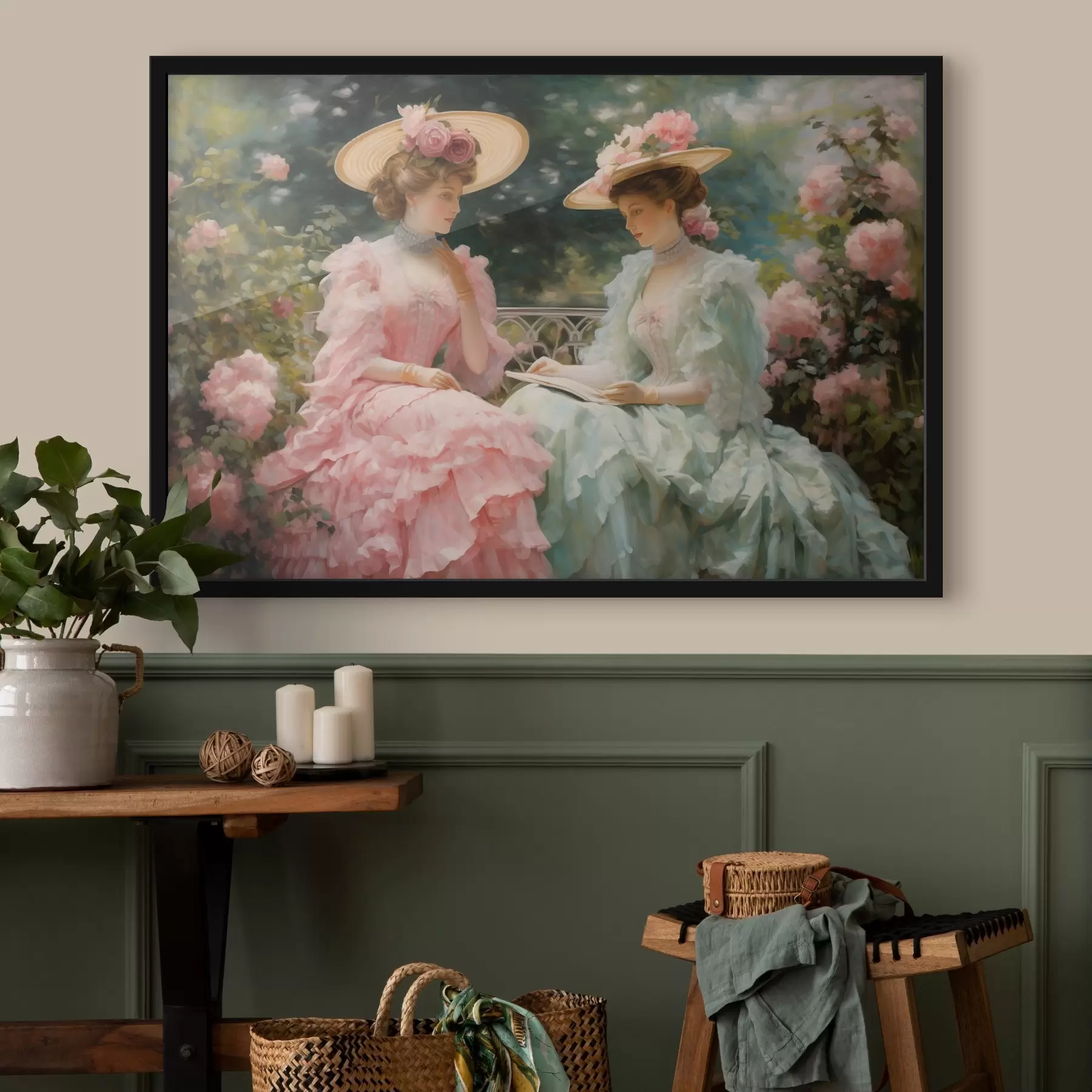 Fototapet Dvě elegantní ženy v pastelových šatech sedí na zahradě mezi růžemi, čtou si knihu a užívají si klidnou atmosféru. f42582