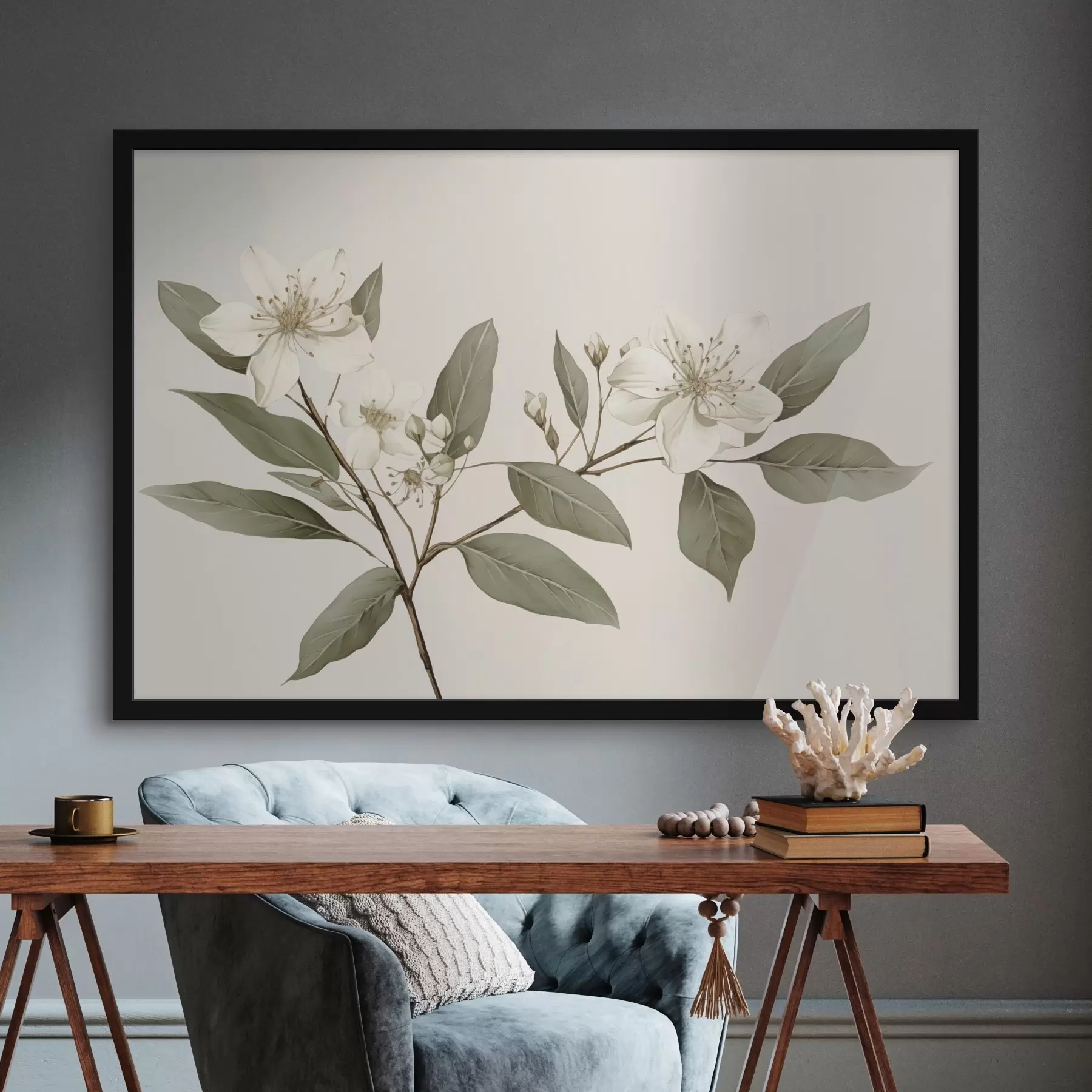 Fototapet Jemná větvička s bílými květy a zelenými listy na světlém pozadí, s jemnými detaily a elegantním stylem f42583