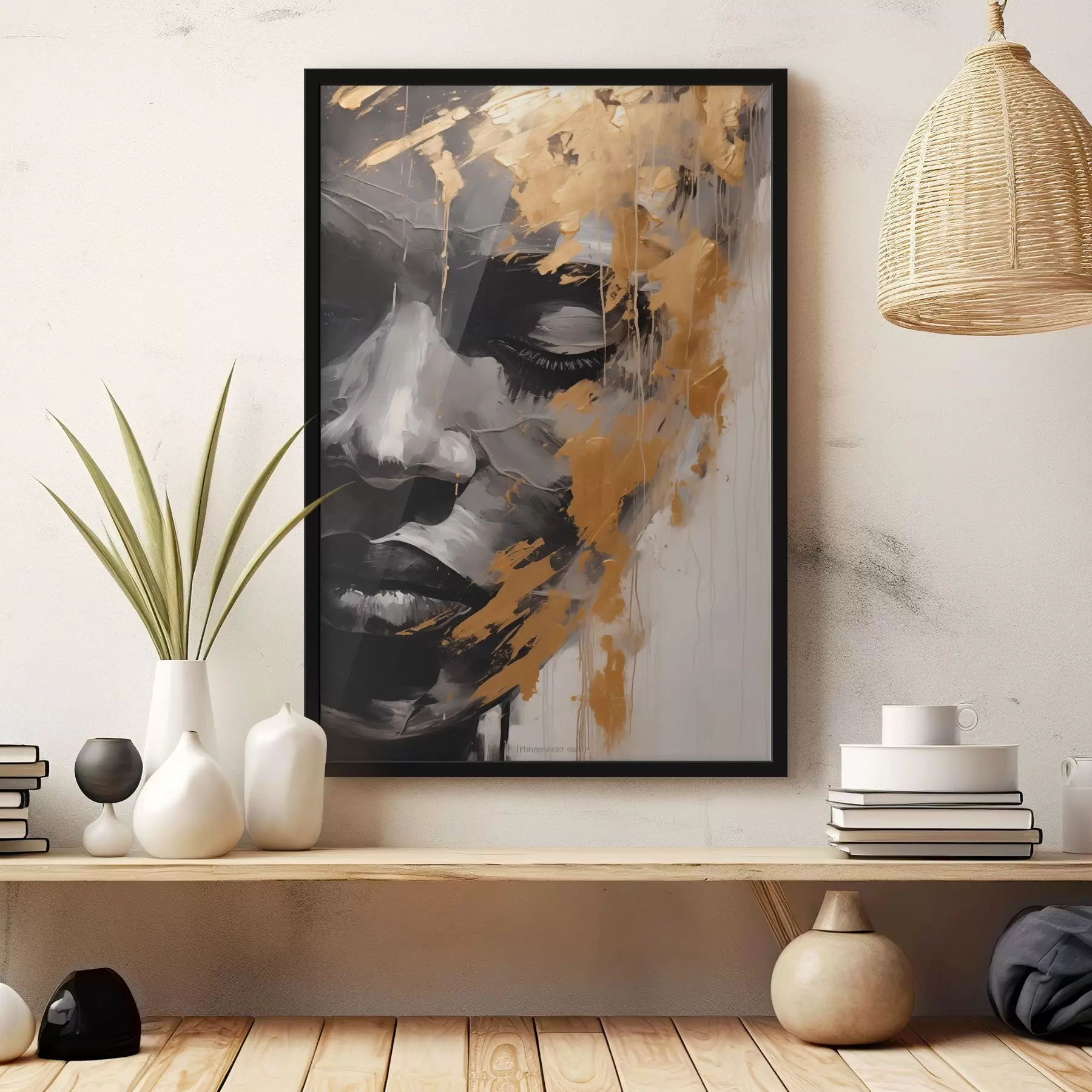 Fototapet Abstraktní portrét ženy v černobílých odstínech s výraznými tahy štětcem v teplých barvách, které dodávají kontrast a emocionální hloubku. f42622