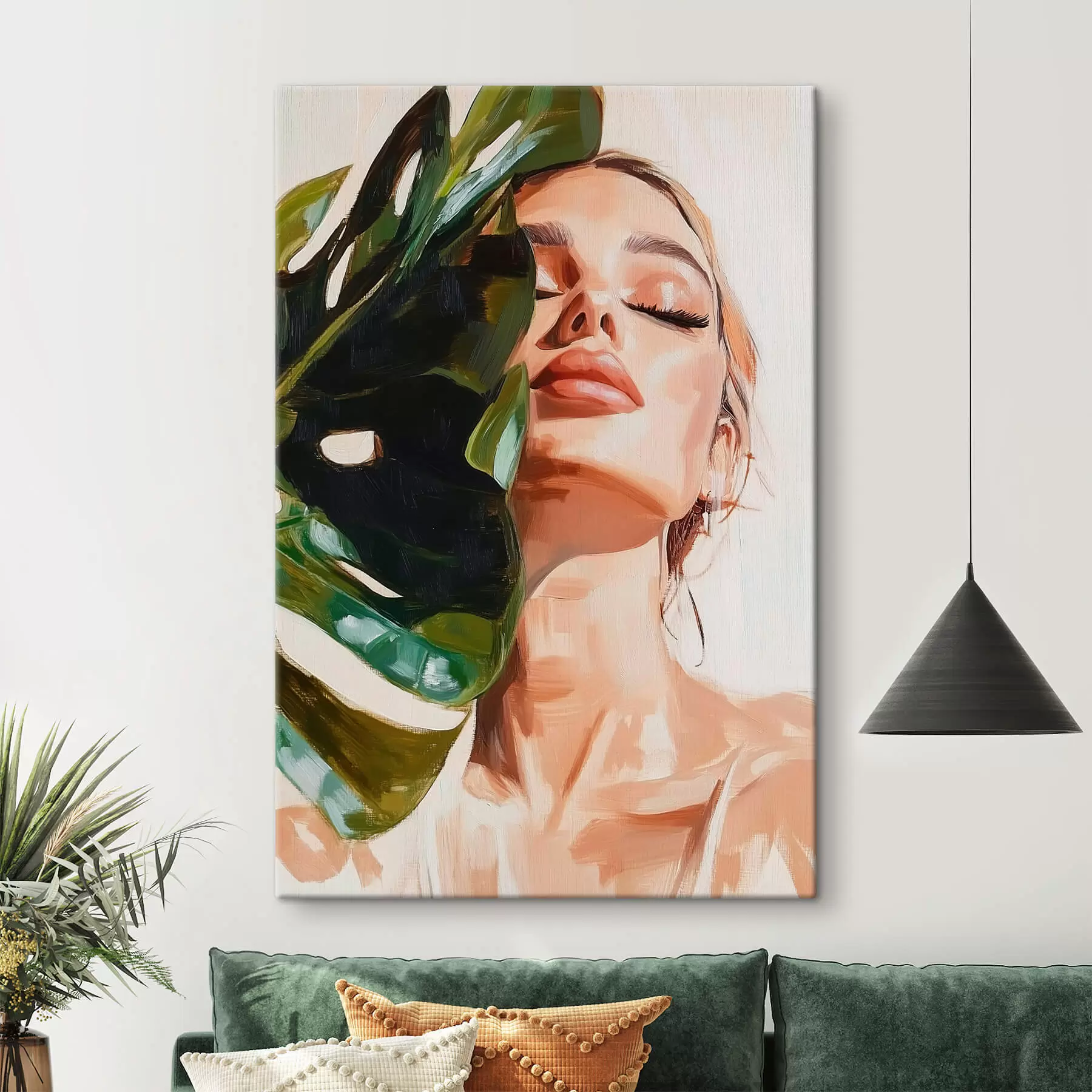 Obraz Portrét ženy s listem monstery s imitací tahů štětcem Č. s42597