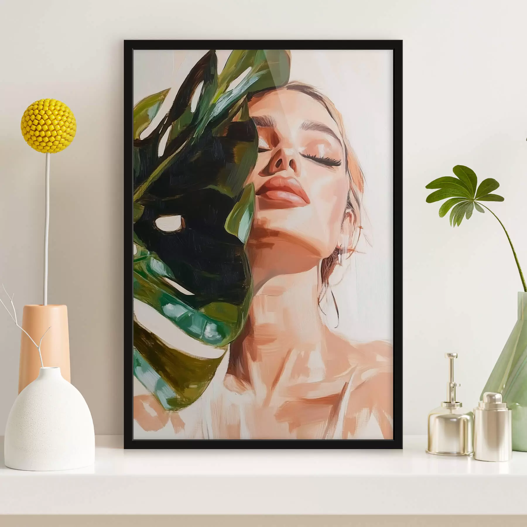 Fototapet Portrét ženy s listem monstery s imitací tahů štětcem f42597