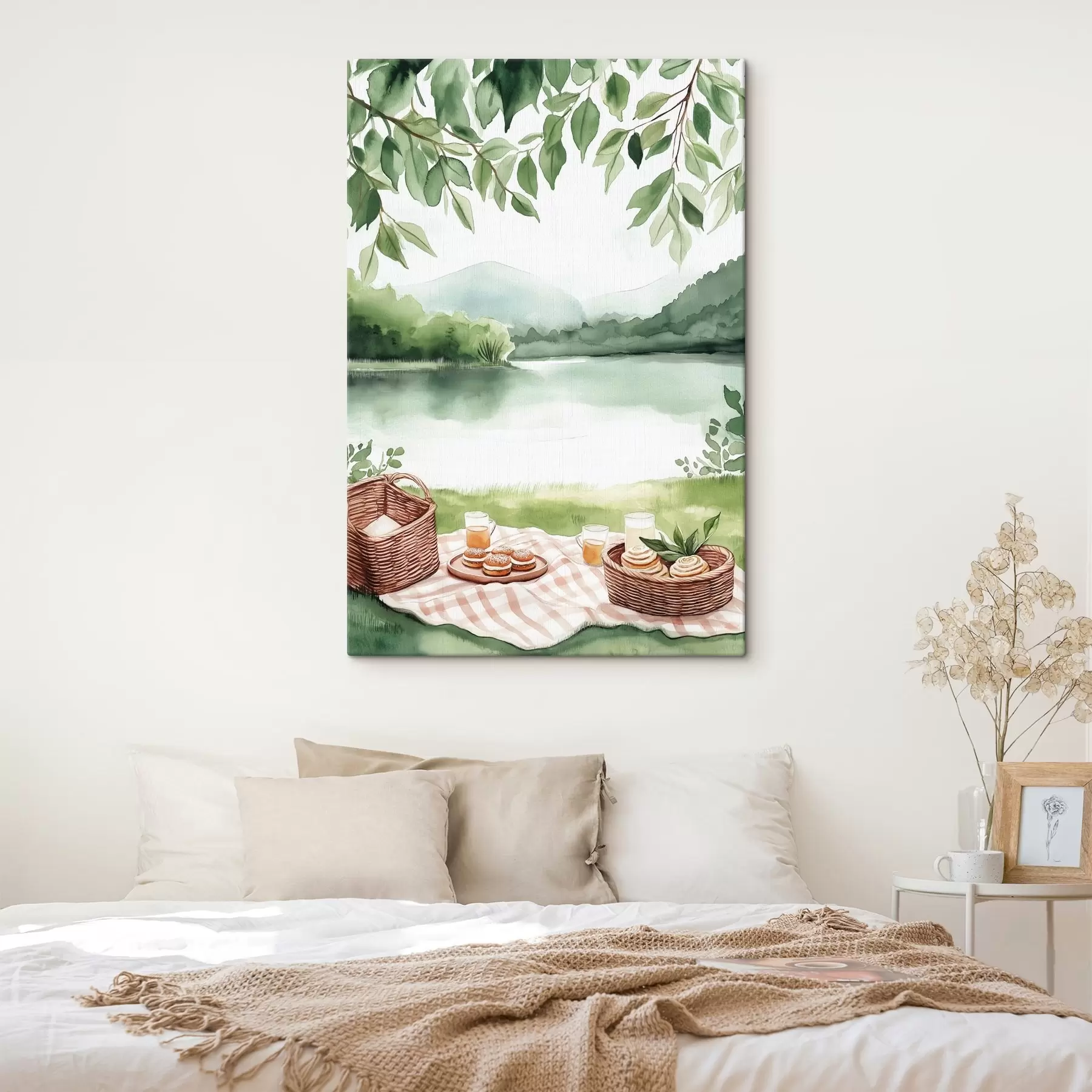 Obraz Letní piknik ve stylu akvarelu, rustikální, jezero, zeleň, koše s jídlem  Č. s42452