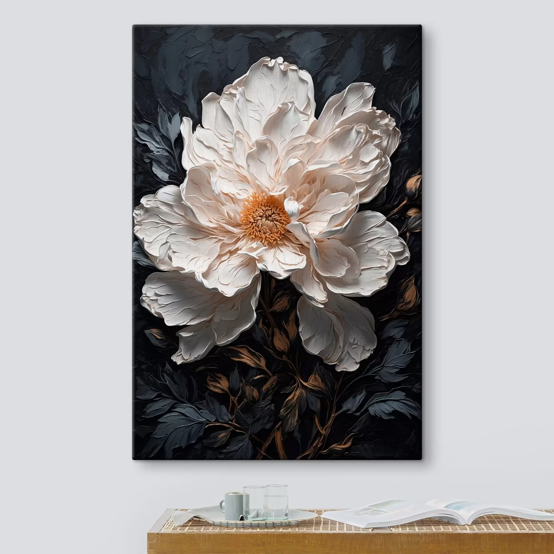 Obraz Bílá květina na černém pozadí ve stylu olejomalby Č. s42544