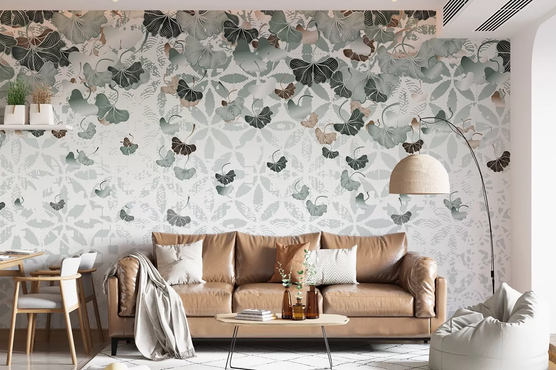 Fototapet Kaskádovité listy jinanu dvoulaločného v odstínech zelené a hnědé barvy na texturovaném pozadí s květinovými motivy  w08662