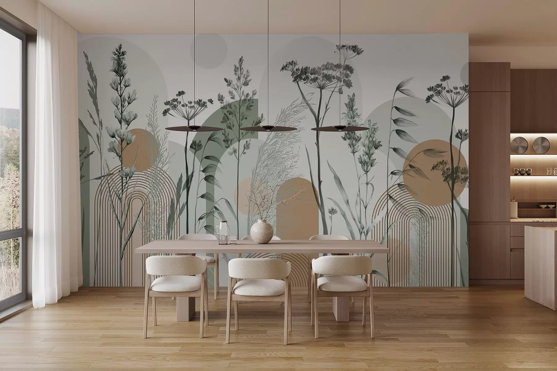 Fototapet Sbírka rostlin a květin v neutrálních tónech na abstraktním obloukovém pozadí v jemných béžových a hnědých odstínech w08665