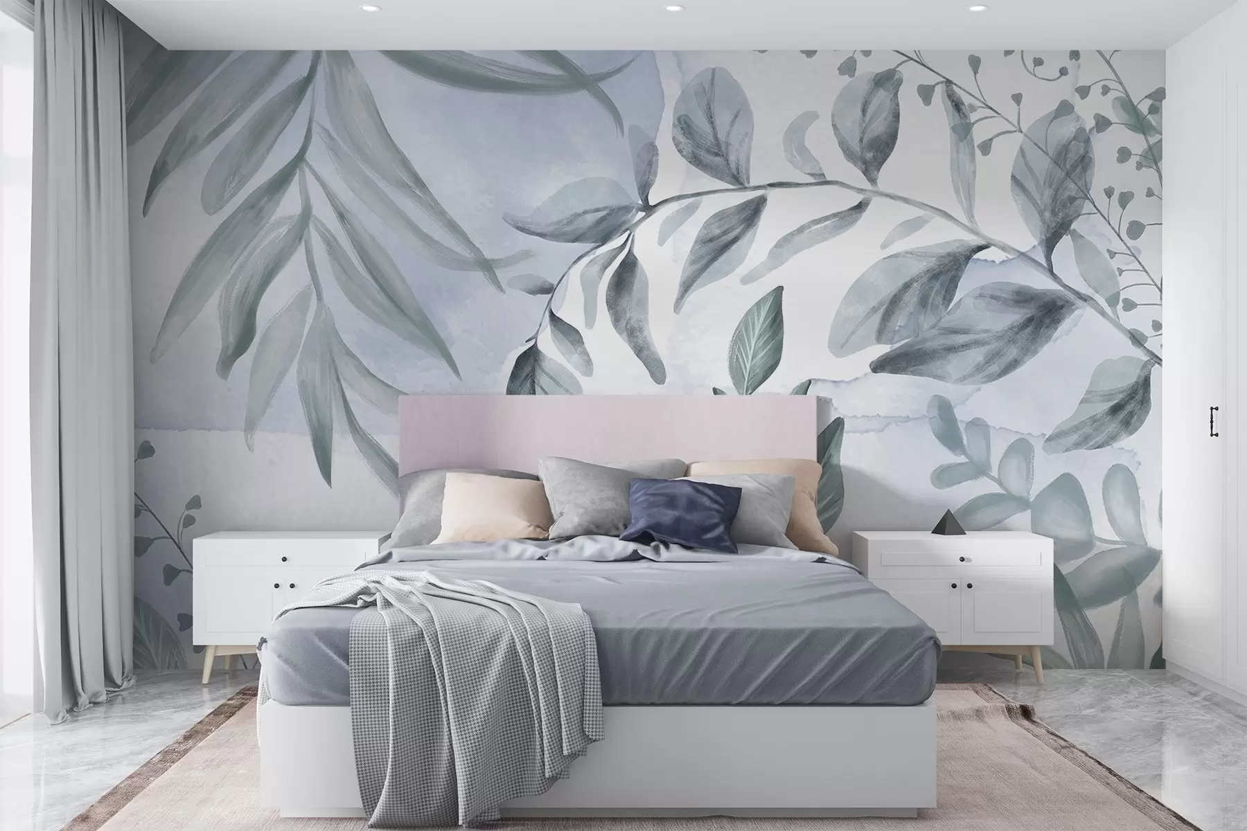 Fototapet Botanický tisk s listy a květinovými větvemi v jemných pastelových barvách na pozadí připomínajícím akvarel w08668v1