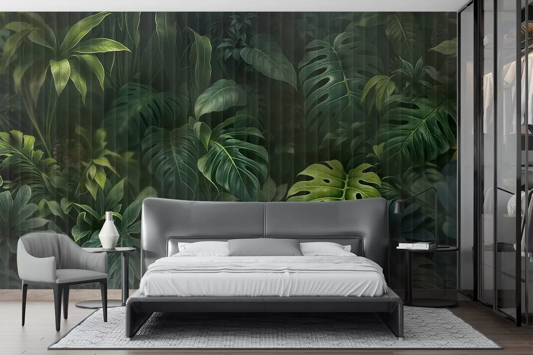 Fototapet Tropický tmavý rozmazaný a texturovaný potisk s různými zelenými listy, včetně listů monstery a palmy w08673