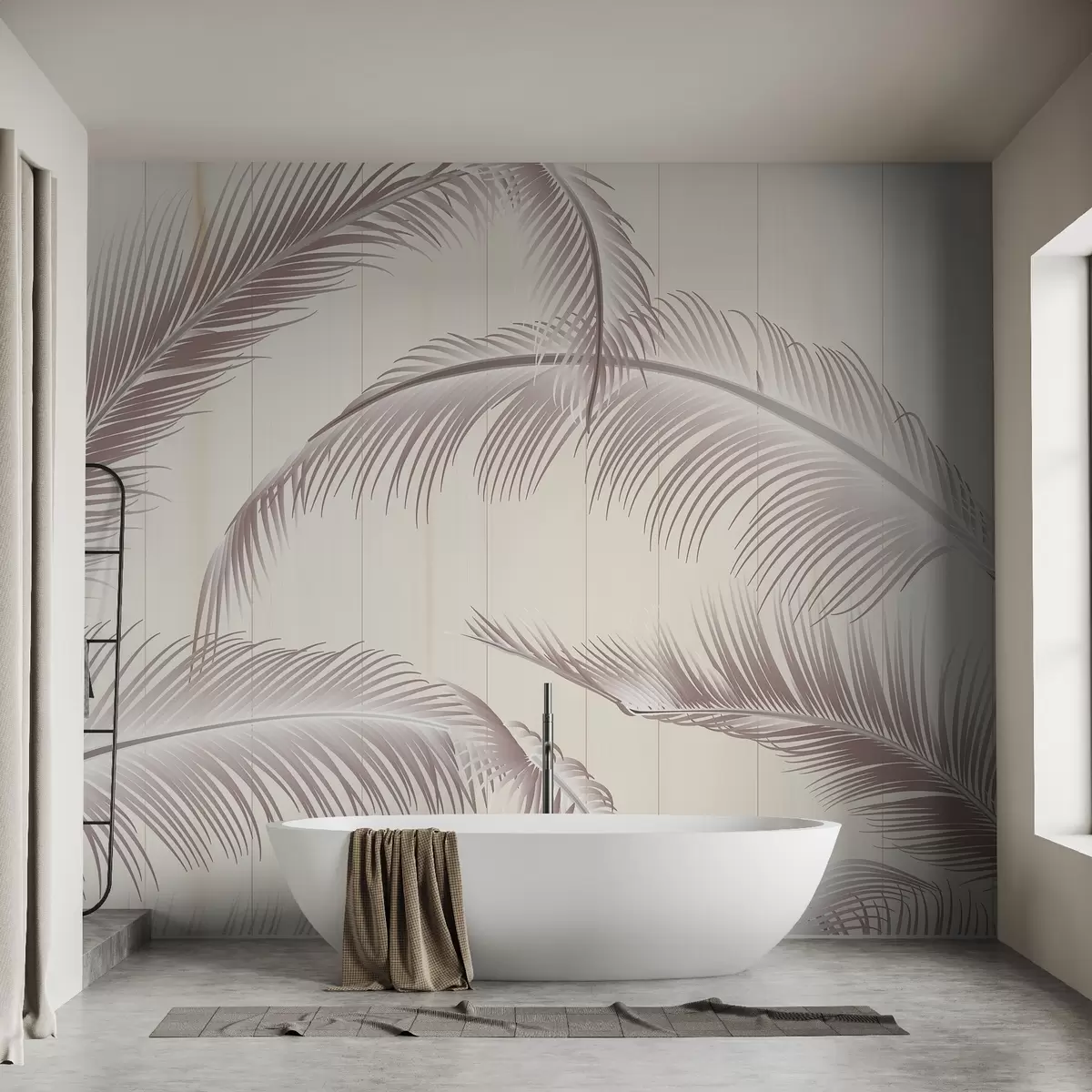 Fototapet Velký vzor peří v jemných růžových a béžových tónech na světlém pozadí se svislými liniemi, které dodávají eleganci w08685