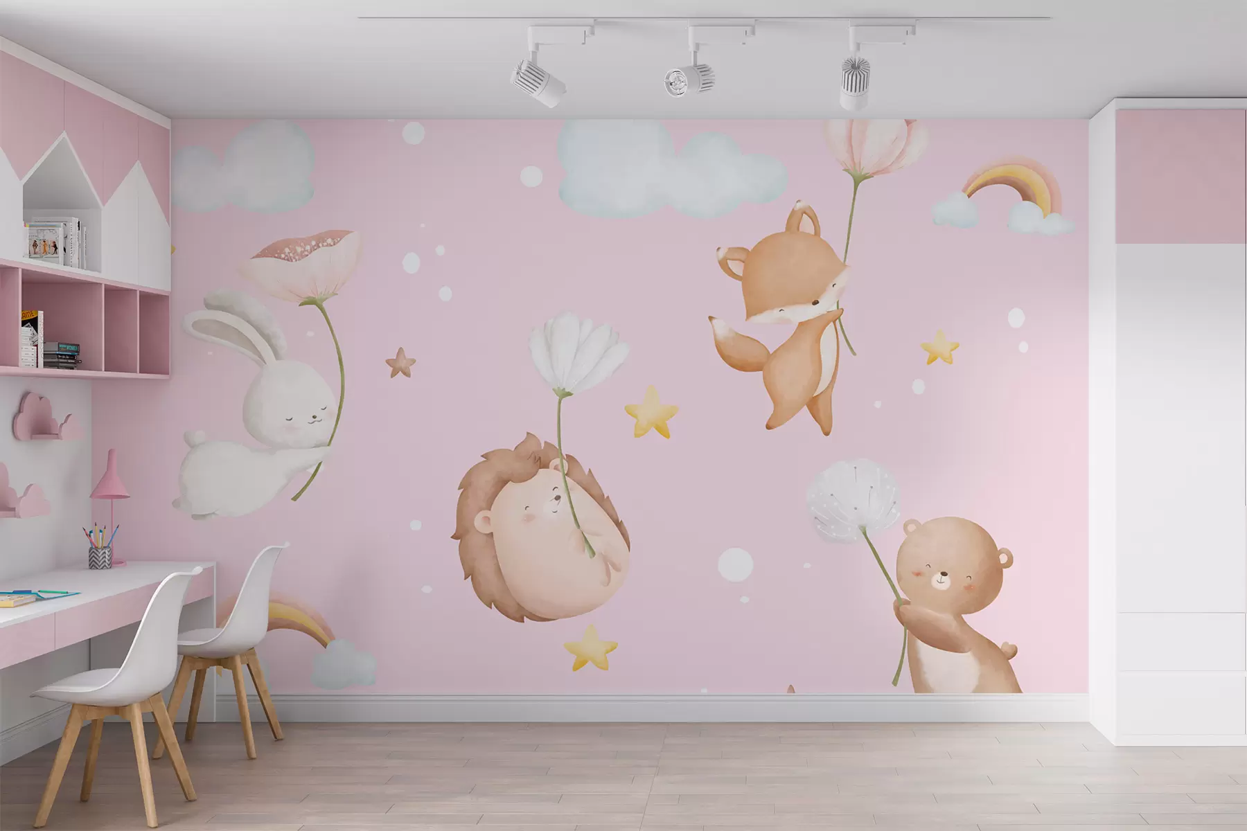 Fototapet Zvířata s květinami na růžovém pozadí w02897