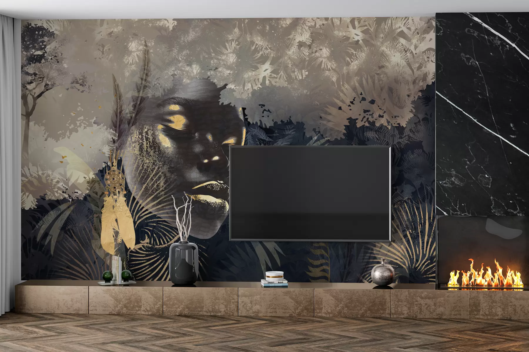 Fototapet Kouzelná Afrika s deštným pralesem, dívčí a vektorové prvky s modrým odstínem w02642v1