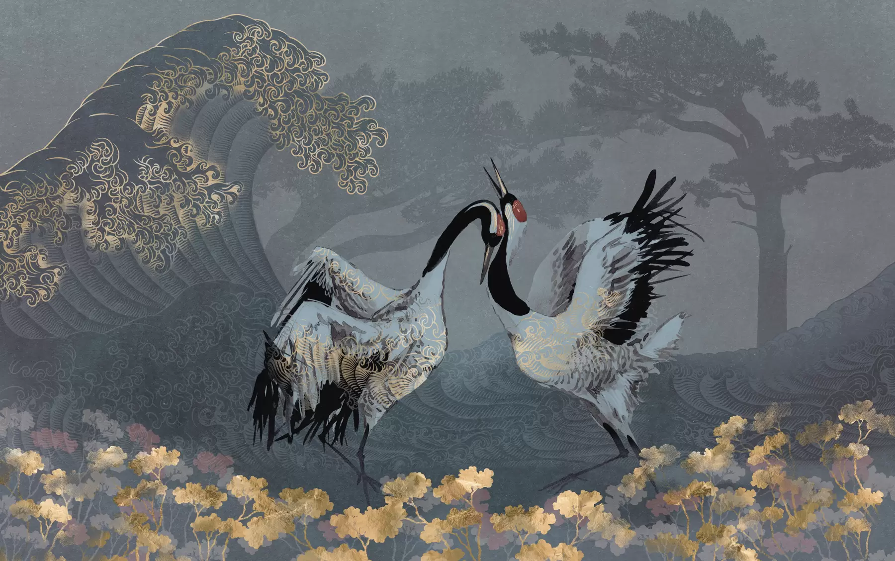 Fototapet Jeřábi, stromy a vlny s prvky v čínském stylu w02747