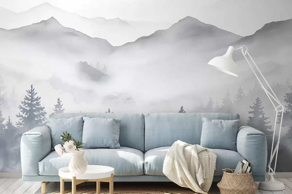 Fototapet Klidná horská krajina s mlžnými lesy v jemných šedých a modrých tónech w08680