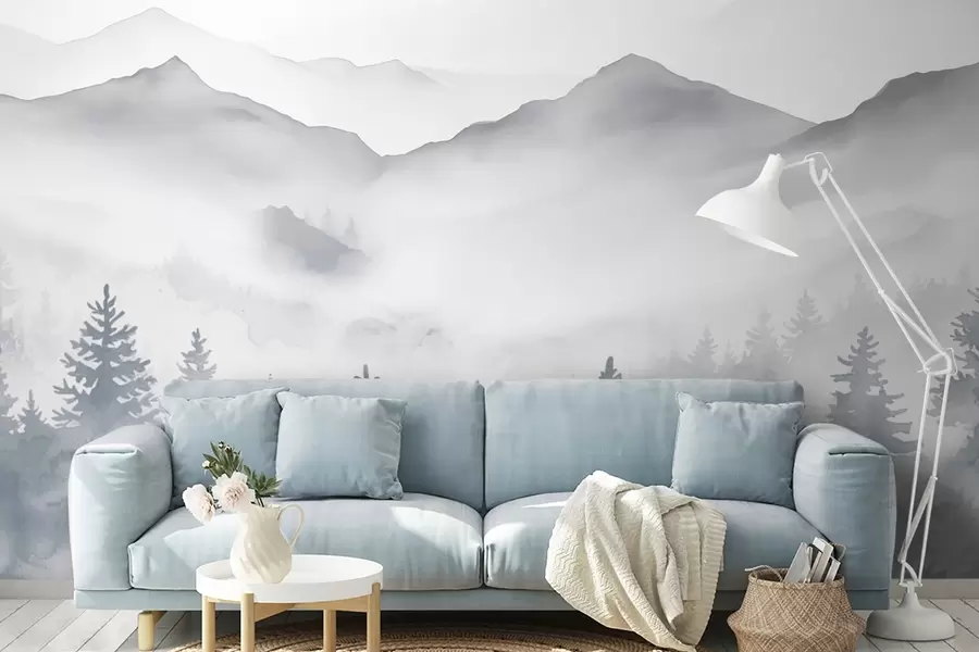 Fototapet Klidná horská krajina s mlžnými lesy v jemných šedých a modrých tónech w08680