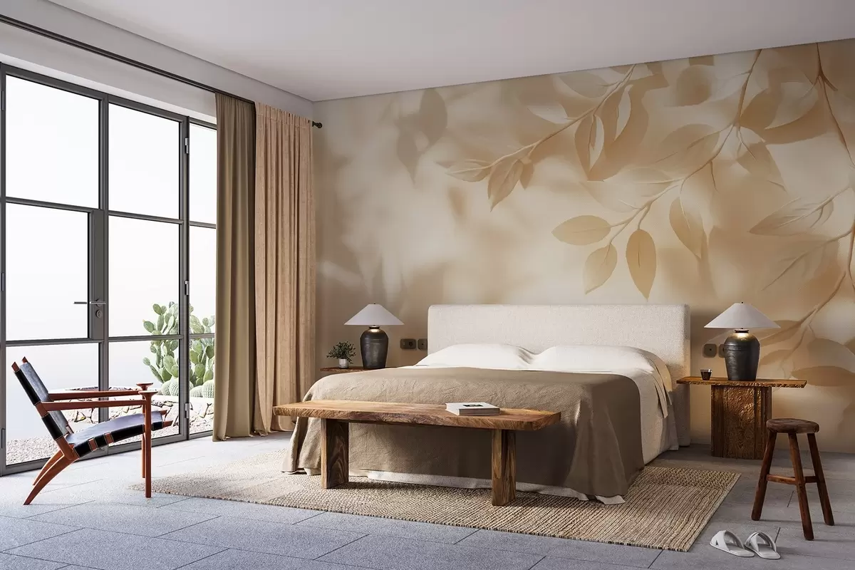 Fototapet Žluté větve stromů na béžovém pozadí stěny w08682