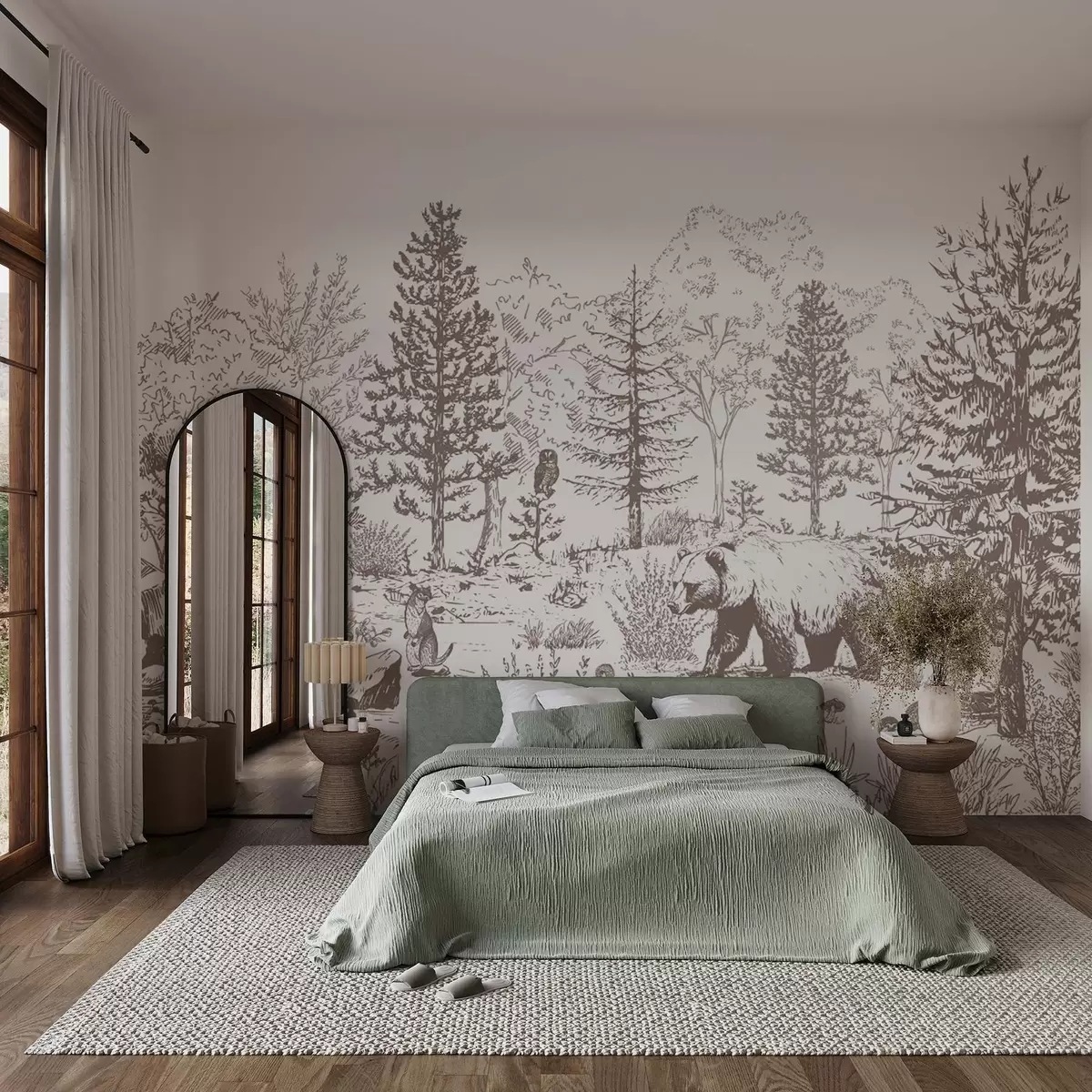 Fototapet Život v lese, stromy, divoká zvířata, medvěd, liška, sova, keře, kresba tužkou, béžové barvy w02929