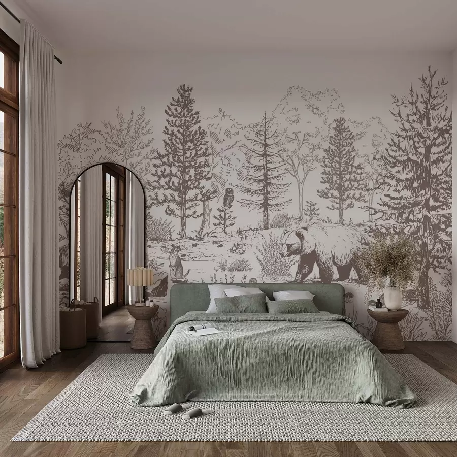 Fototapet Život v lese, stromy, divoká zvířata, medvěd, liška, sova, keře, kresba tužkou, béžové barvy w02929