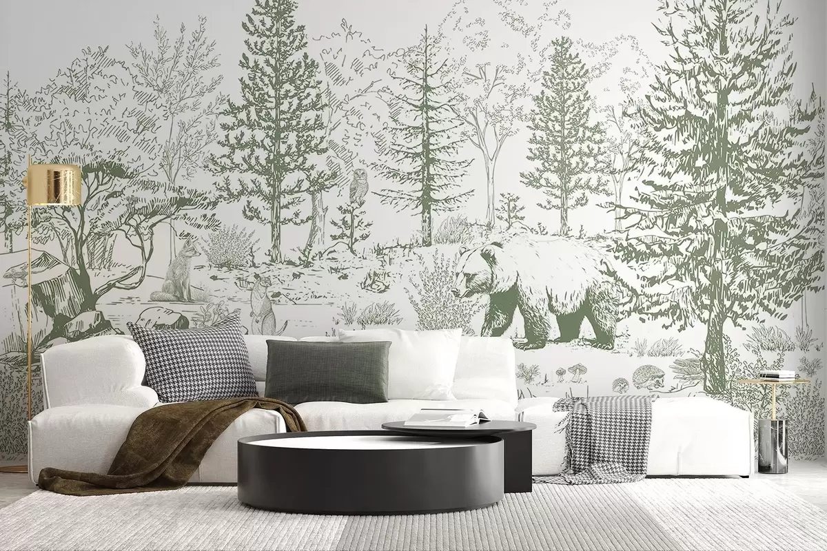 Fototapet Život v lese, stromy, divoká zvířata, medvěd, liška, sova, keře, kresba tužkou, zelené barvy w02929v2