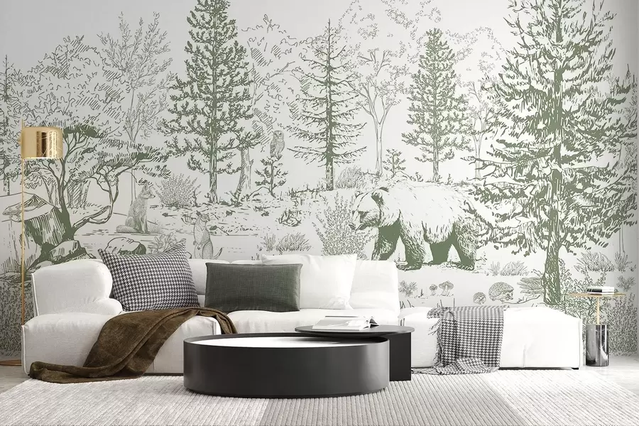 Fototapet Život v lese, stromy, divoká zvířata, medvěd, liška, sova, keře, kresba tužkou, zelené barvy w02929v2