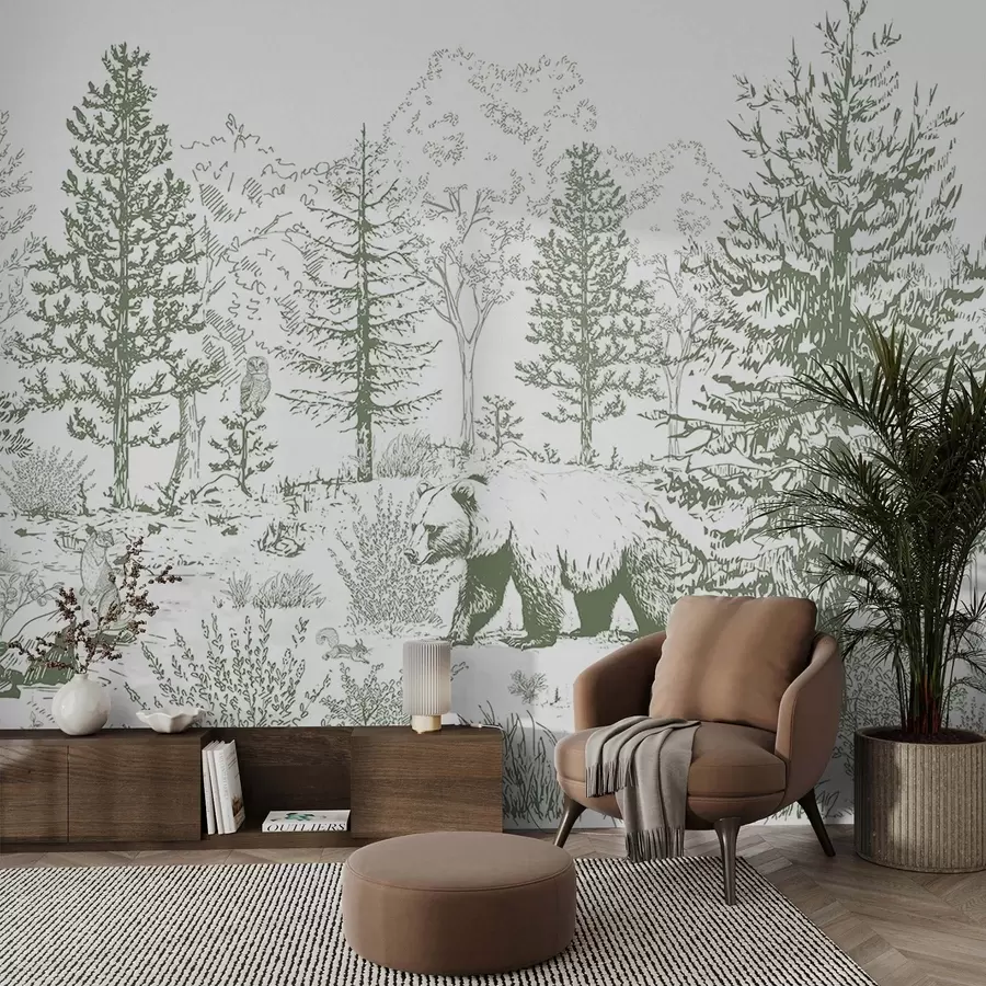 Fototapet Život v lese, stromy, divoká zvířata, medvěd, liška, sova, keře, kresba tužkou, zelené barvy w02929v2