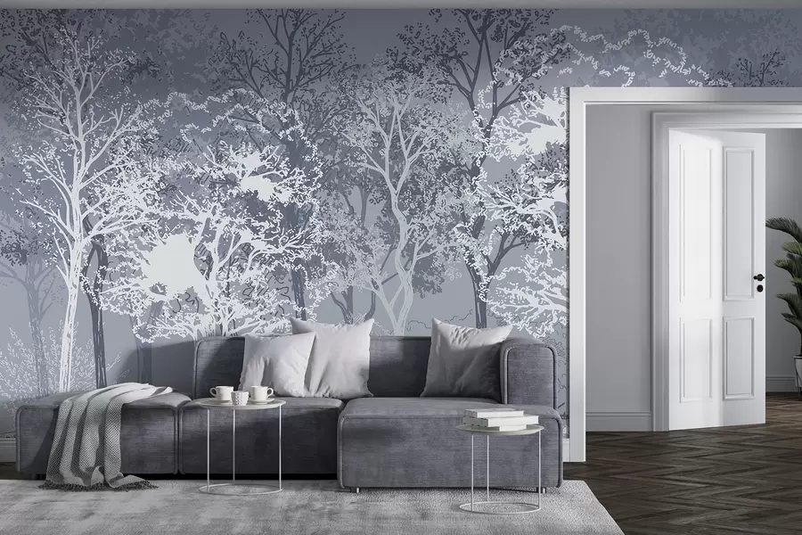 Fototapet Stromy v lese, minimalismus, příroda, paleta modrých barev  w02930v2