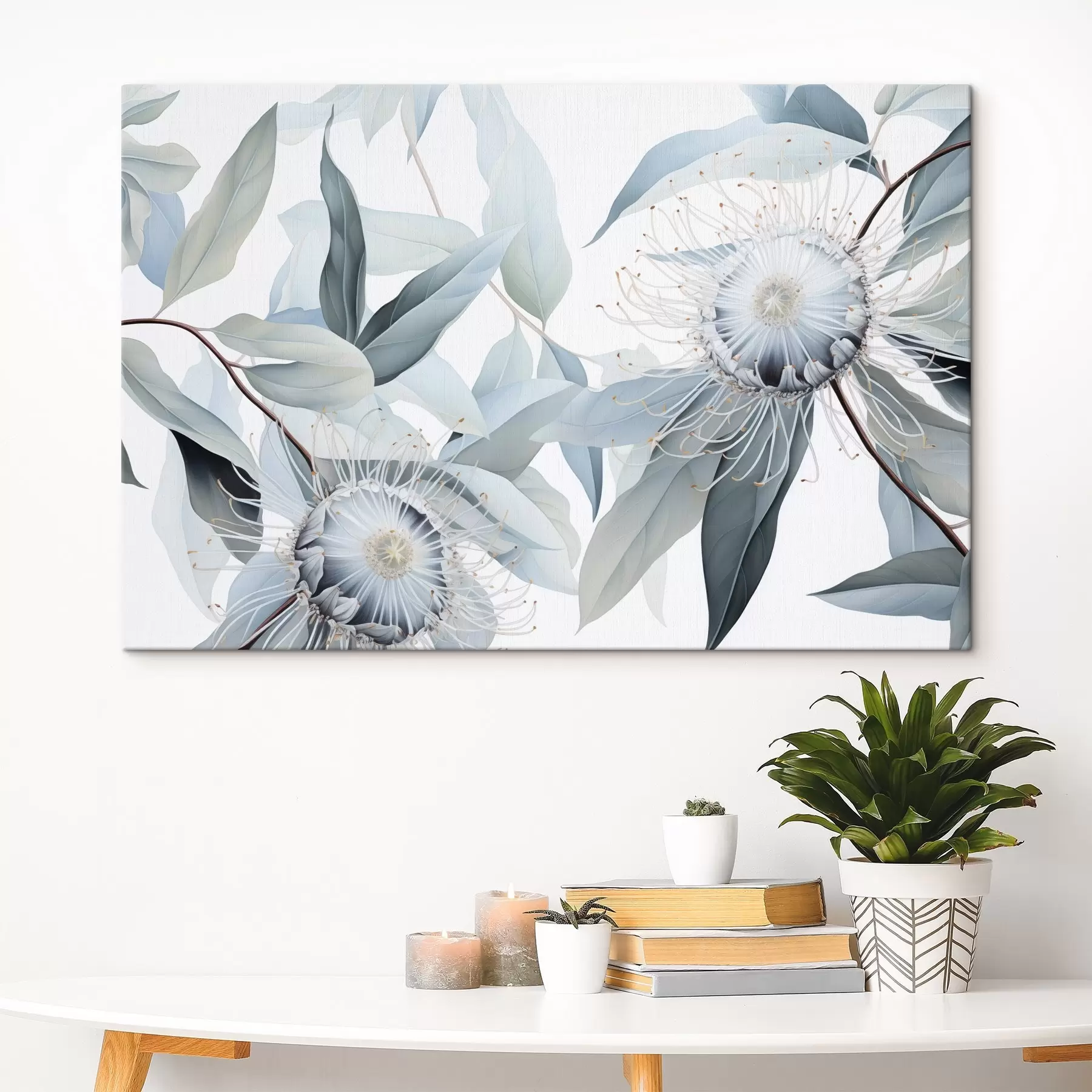 Obraz Detailní botanická ilustrace květů eukaliptu s bílými vlákny, obklopených jemnými, světle zelenými listy Č. s42725