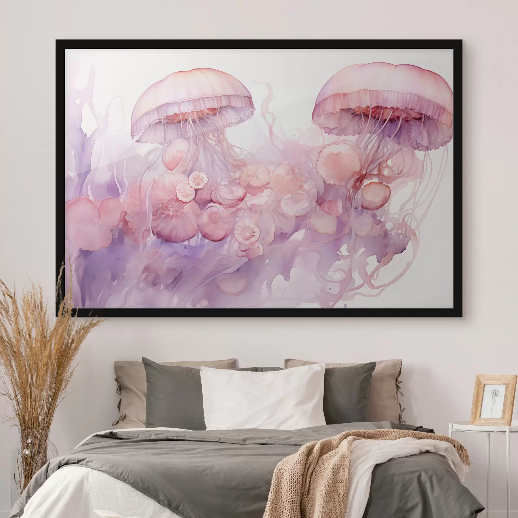 Obraz Růžové medúzy plovoucí uprostřed víru jemných růžových a fialových odstínů, obklopené abstraktními tvary Č. f42730