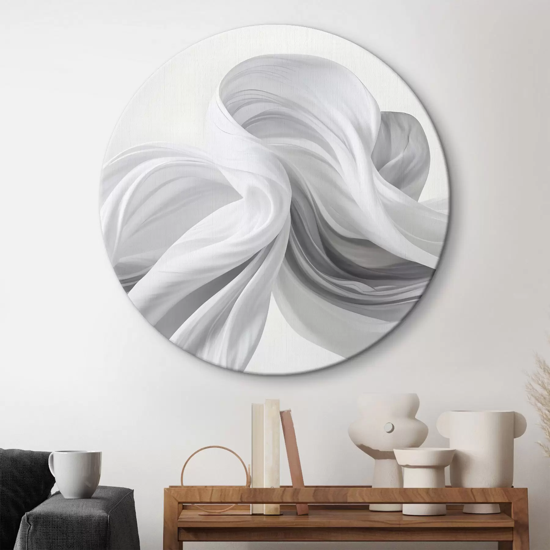 Obraz Plynoucí bílé a šedé formy připomínající tkaniny, které se víří a proplétají na světlém pozadí Č. r42732