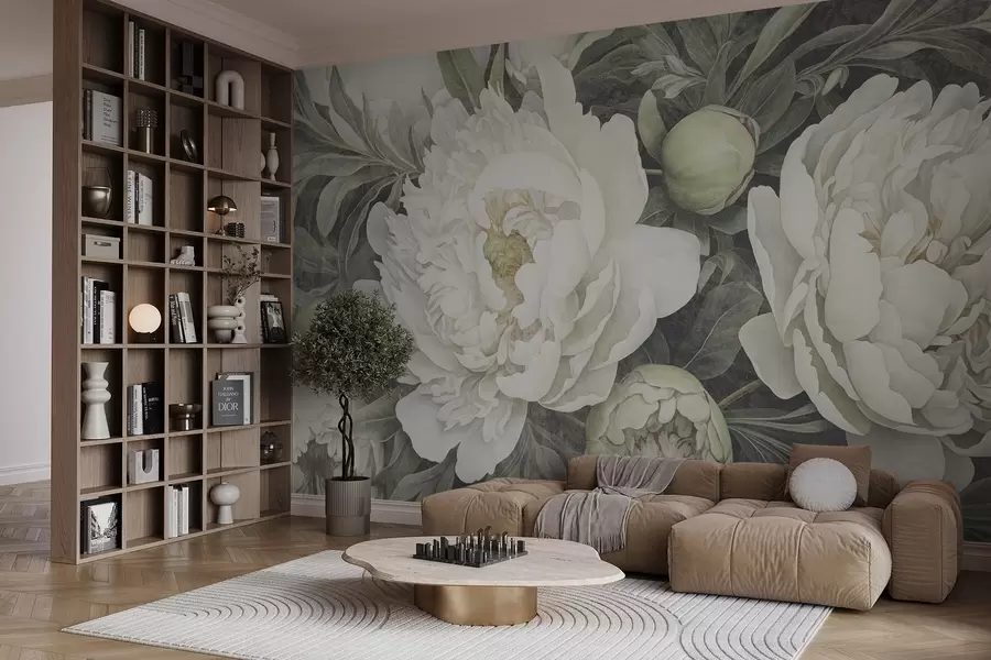 Fototapet Texturované pastelově bílé pivoňky s jemnými zelenými poupaty a listy s jemnými okvětními lístky w08697