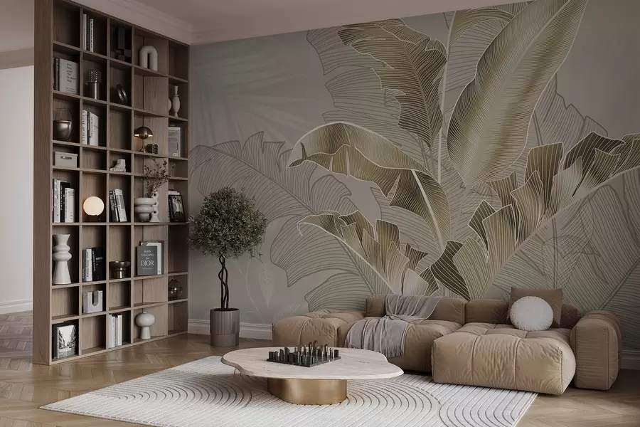 Fototapet Harmonická kompozice tropických listů v béžových a hnědých odstínech s detailní liniovou prací w08698